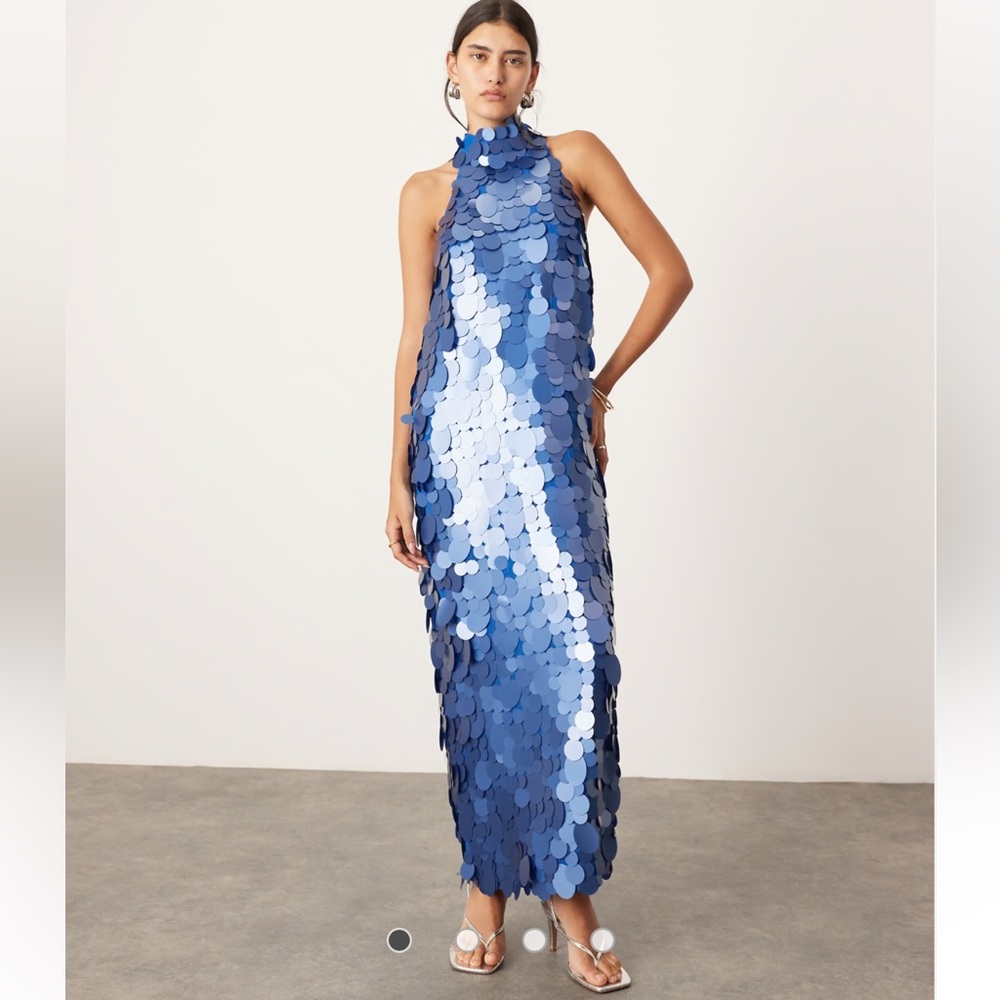 ASOS EDITION embellished matte disc sequin column midi dress in midnight blue